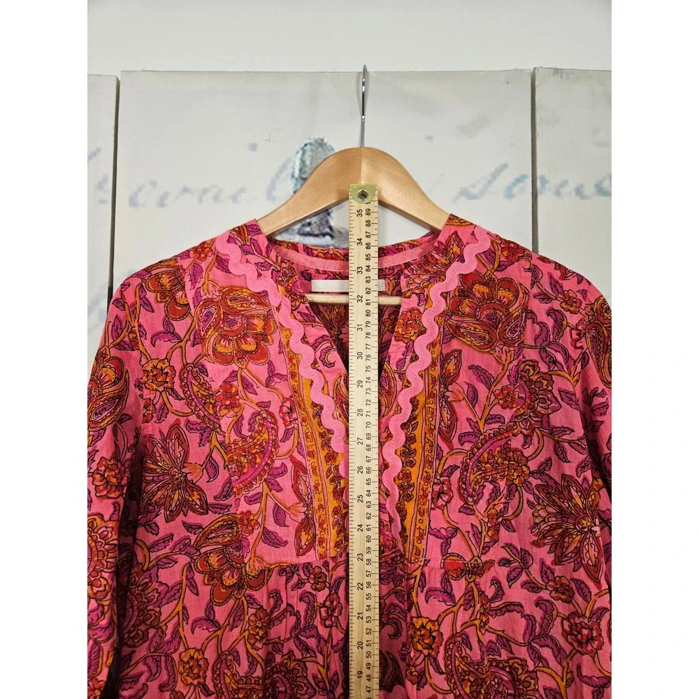 Lola Australia Tunic Dress Small Pink Paisley Tiered Ric Rac Bell Sleeve Boho